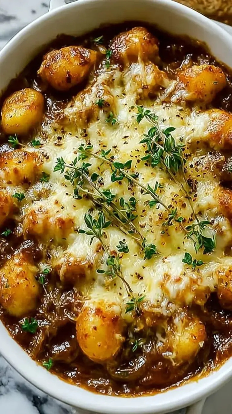A skillet of creamy High Protein French Onion Gnocchi topped with melted Gruyère and fresh thyme.