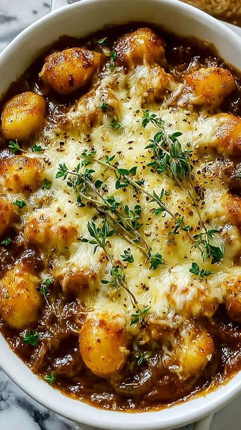 A skillet of creamy High Protein French Onion Gnocchi topped with melted Gruyère and fresh thyme.
