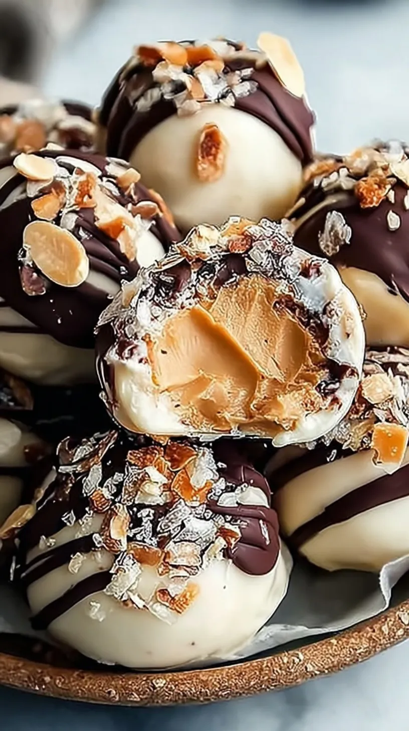 Frozen peanut butter yogurt bites with a dark chocolate drizzle on parchment paper