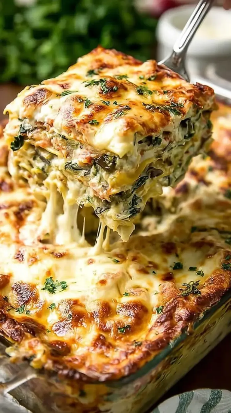 A bubbling dish of high protein garden vegetable lasagna with melted mozzarella and fresh zucchini slices.