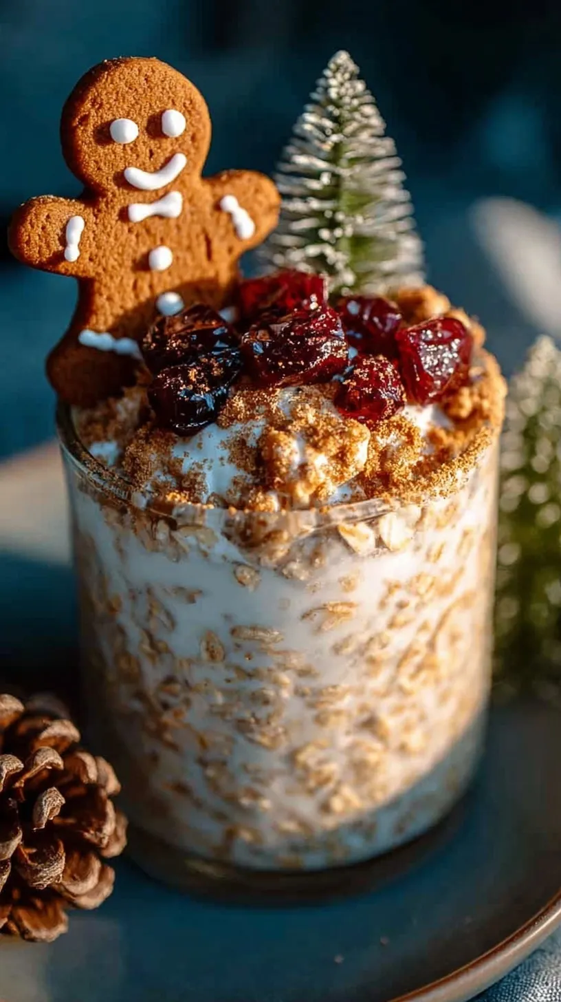 A glass jar filled with creamy gingerbread overnight oats topped with a sprinkle of cinnamon and a small gingerbread cookie.