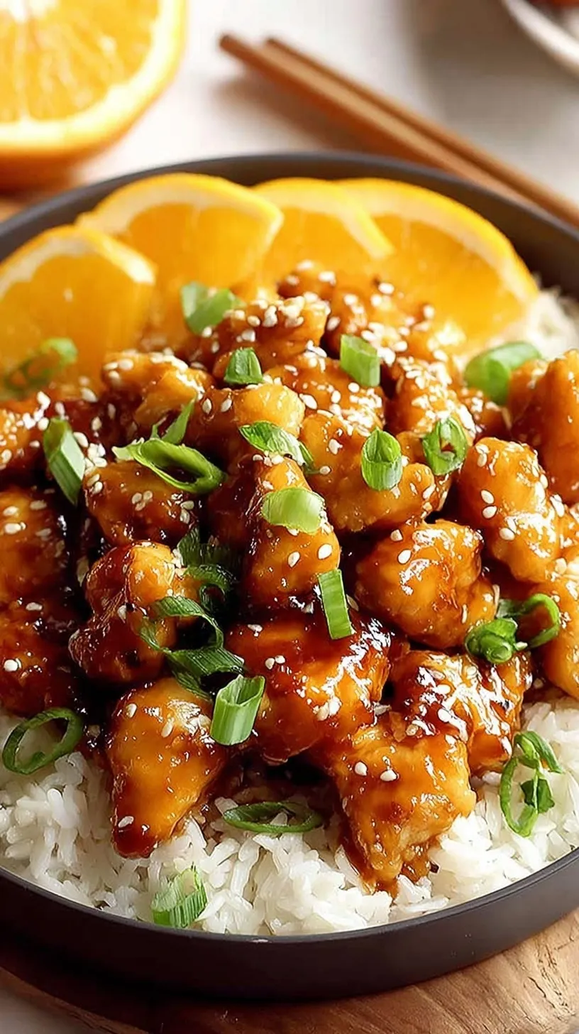 Crispy air-fried high protein orange chicken in a glossy citrus glaze.