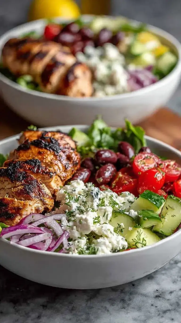 A vibrant meal prep bowl with grilled chicken, quinoa, tomatoes, cucumbers, and feta cheese topped with white sauce.
