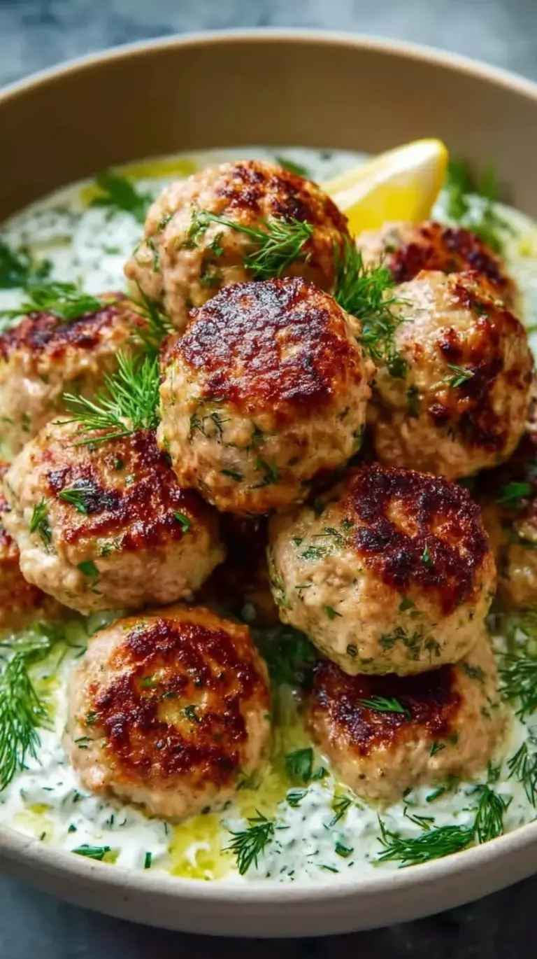 Platter of golden brown Greek turkey meatballs served with creamy white tzatziki sauce and fresh lemon wedges.