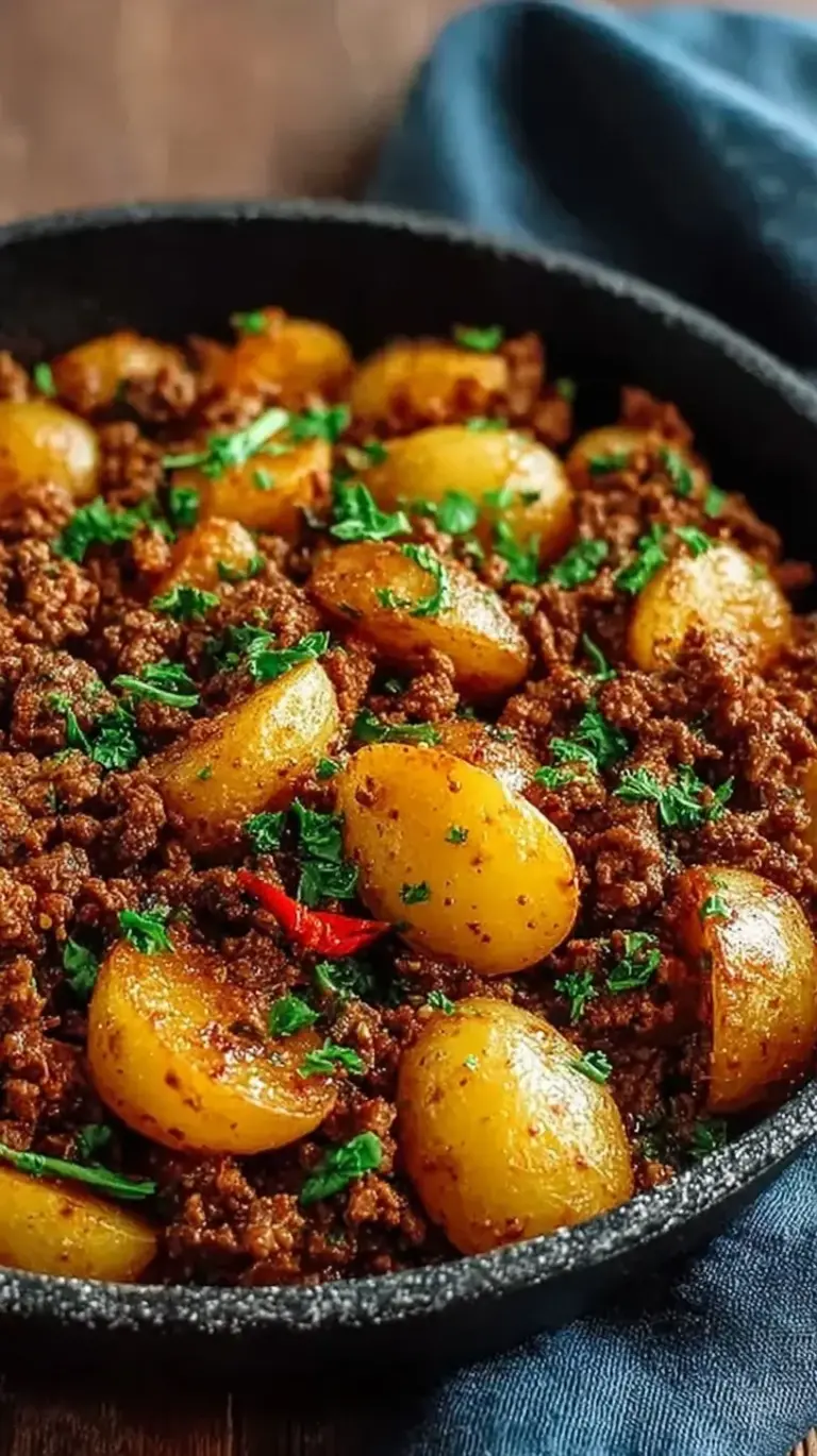 A sizzling cast iron skillet filled with golden brown cubed potatoes and lean ground beef garnished with fresh parsley.