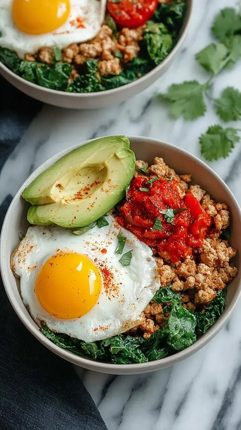 Four glass meal prep containers filled with ground turkey, roasted sweet potatoes, and spinach topped with a fried egg.