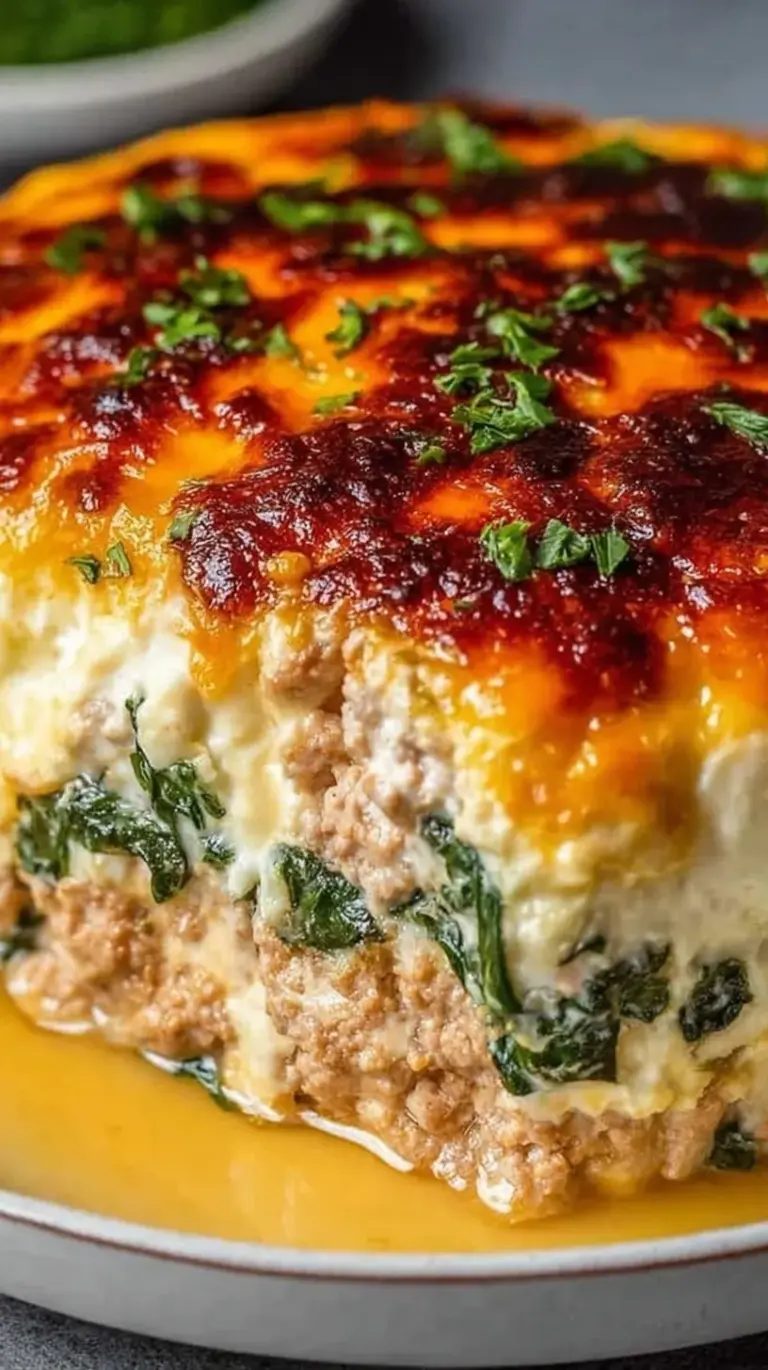 A golden-brown High Protein Ground Turkey Casserole topped with melted mozzarella cheese and fresh spinach.