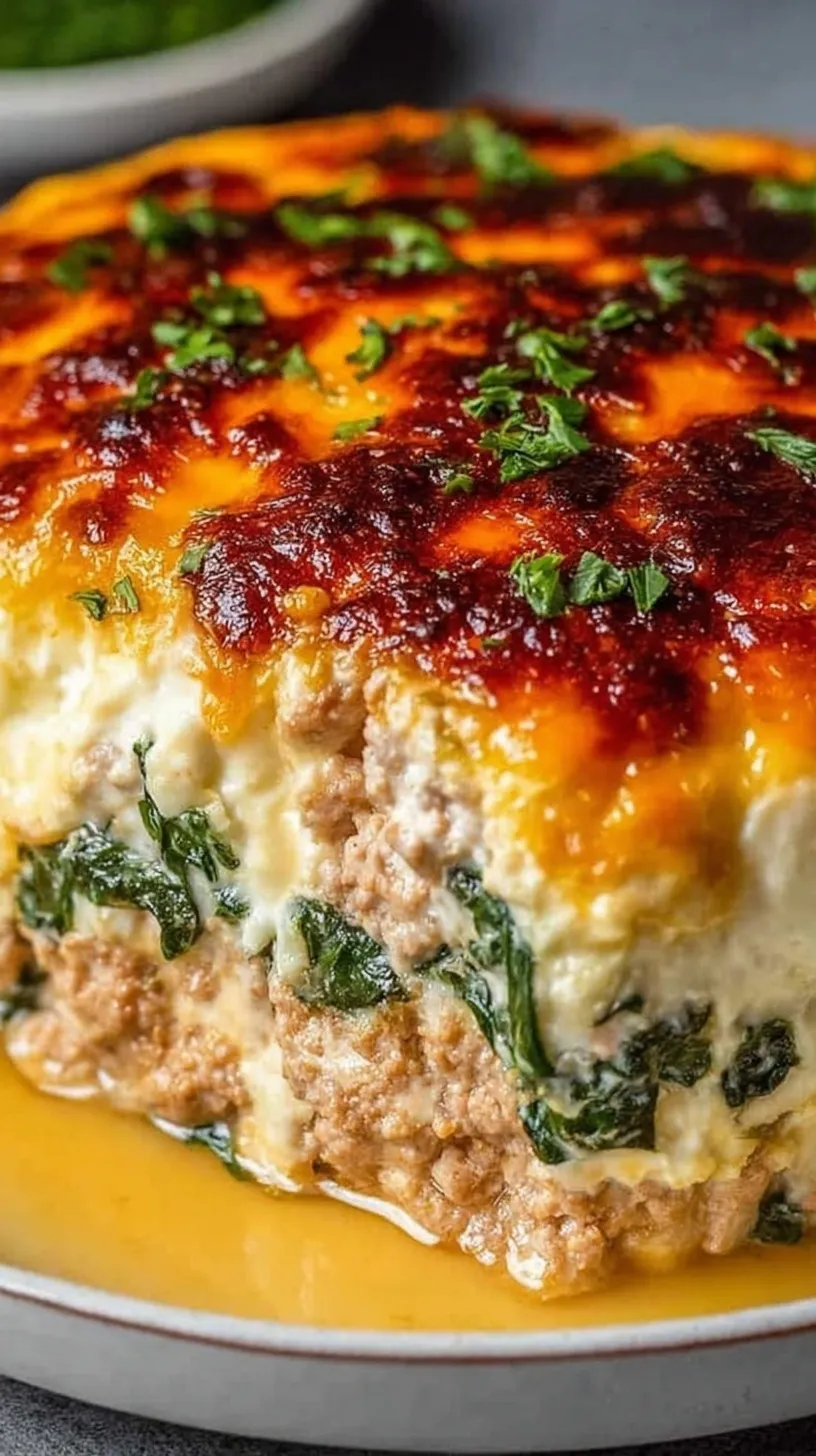 A golden-brown High Protein Ground Turkey Casserole topped with melted mozzarella cheese and fresh spinach.