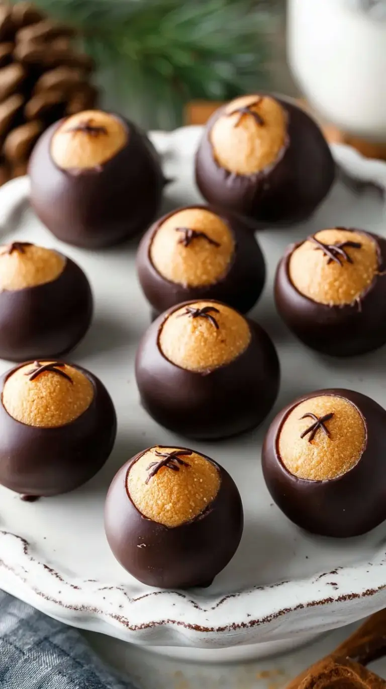 A tray of dark chocolate dipped healthy buckeyes with peanut butter centers.