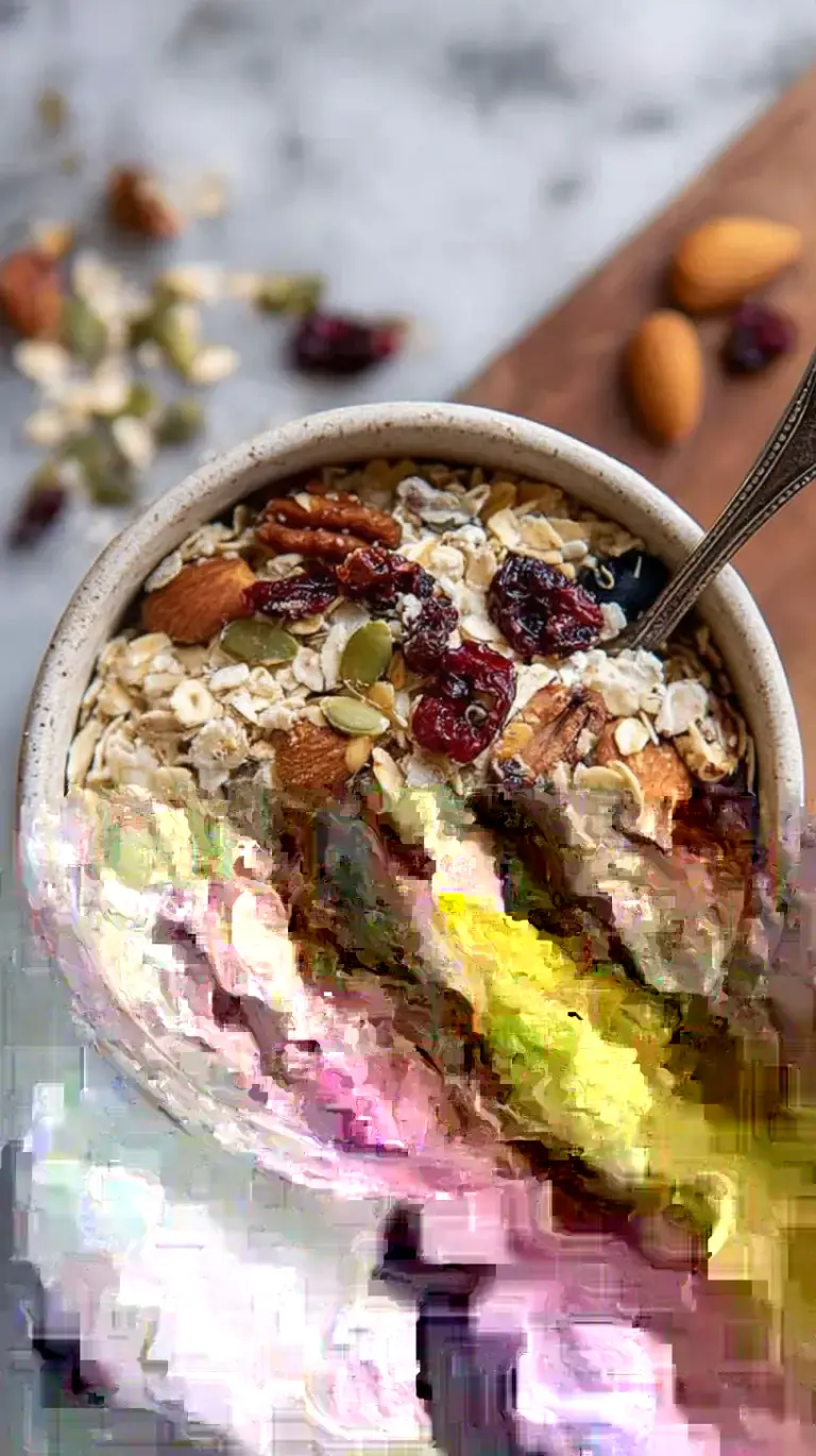A glass jar filled with high protein muesli containing oats, seeds, nuts, and dried cranberries