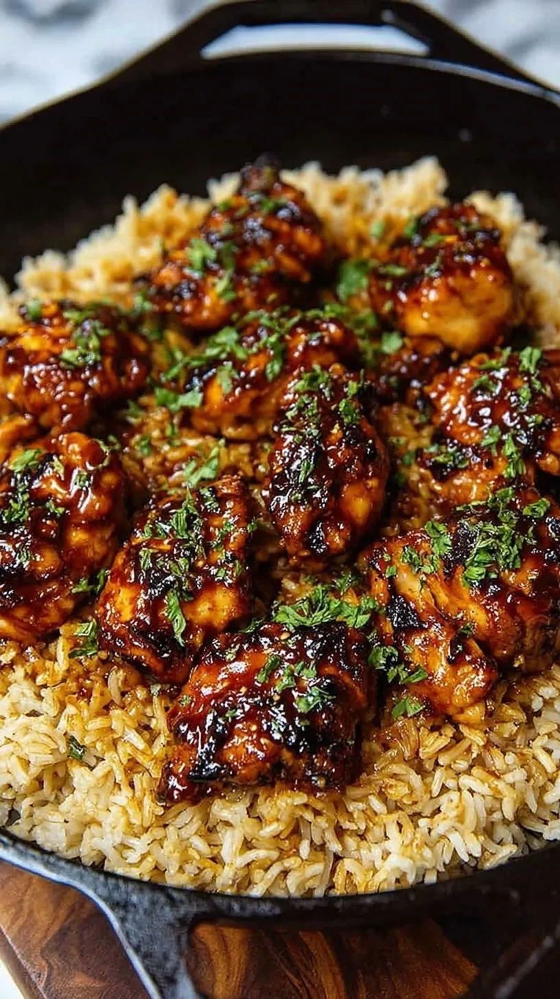 Glazed honey BBQ chicken cubes served over jasmine rice with steamed broccoli in meal prep containers.