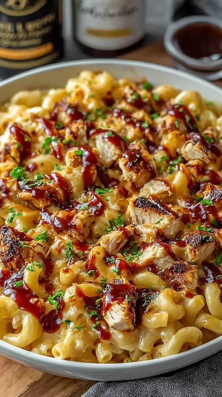 A creamy bowl of high protein honey BBQ chicken mac and cheese with golden chicken pieces and melted cheddar.