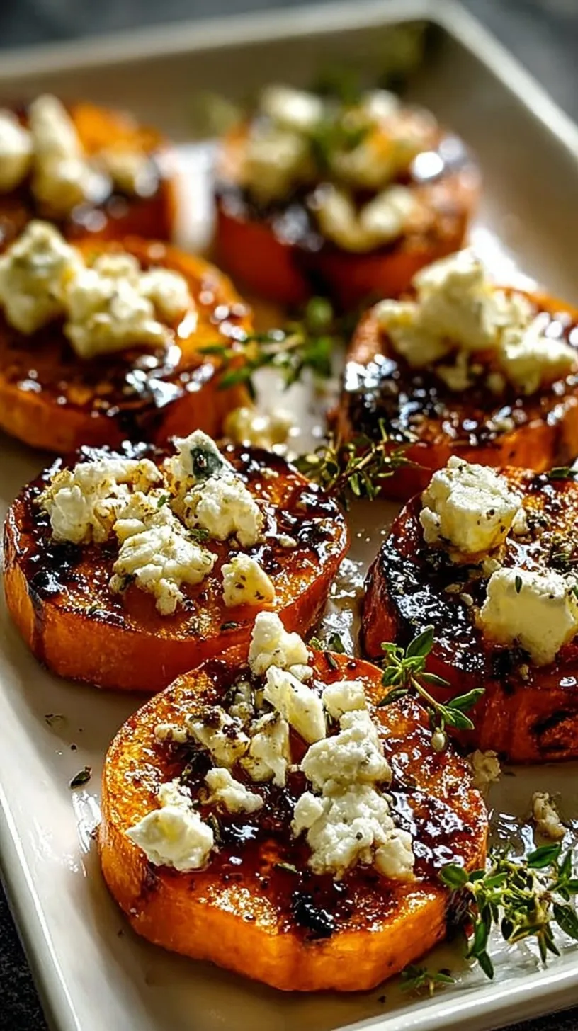 Roasted sweet potato rounds topped with whipped feta, Greek yogurt, honey, and fresh thyme on a platter.