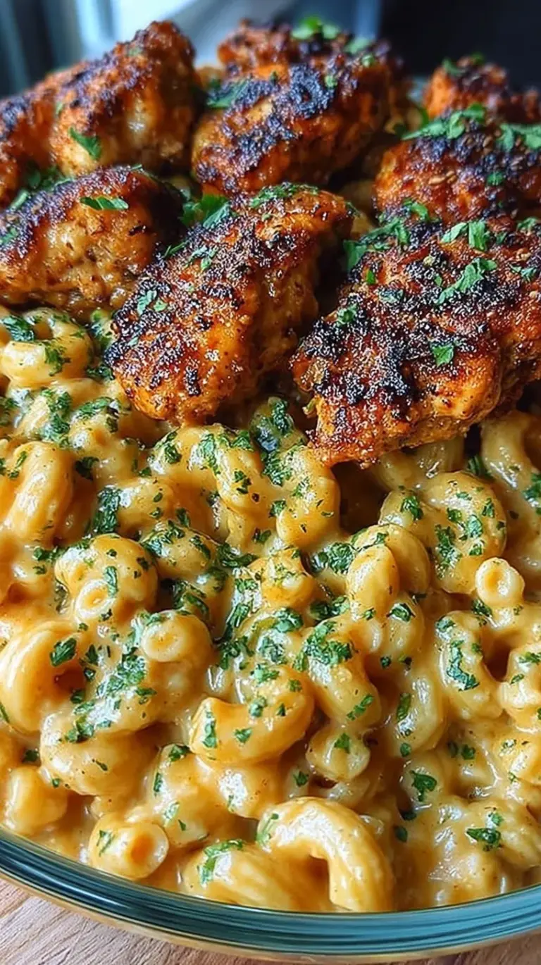 A bowl of creamy mac and cheese topped with sticky honey garlic chicken cubes and fresh herbs.