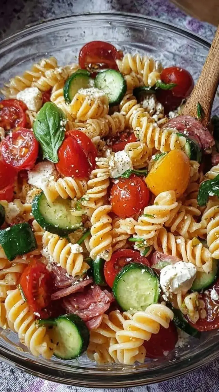 A vibrant bowl of High Protein Italian Pasta Salad with chicken, tomatoes, and mozzarella pearls