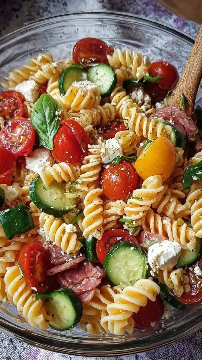 A vibrant bowl of High Protein Italian Pasta Salad with chicken, tomatoes, and mozzarella pearls