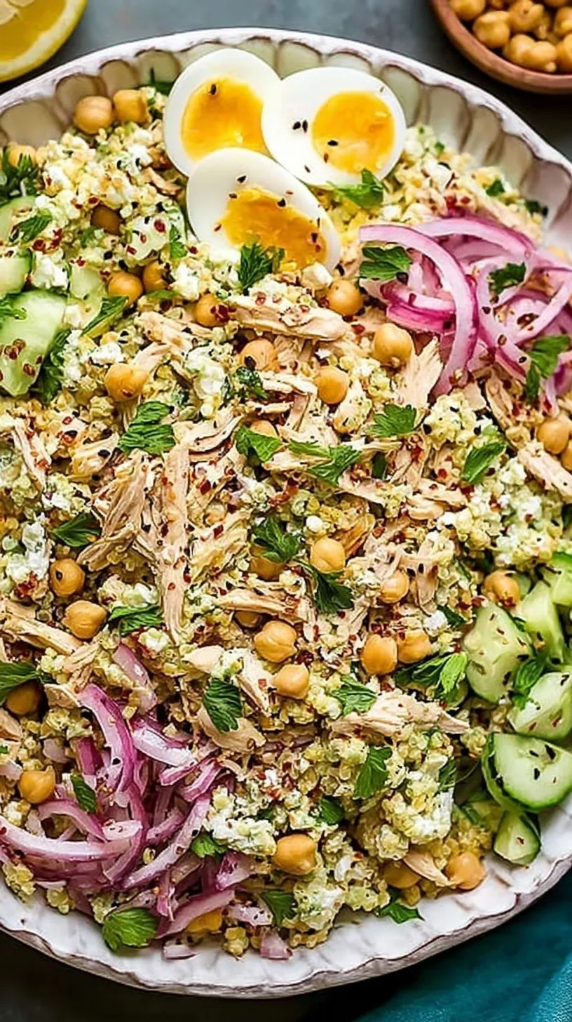 A vibrant Jennifer Aniston Salad in a bowl with chicken, chickpeas, and fresh herbs