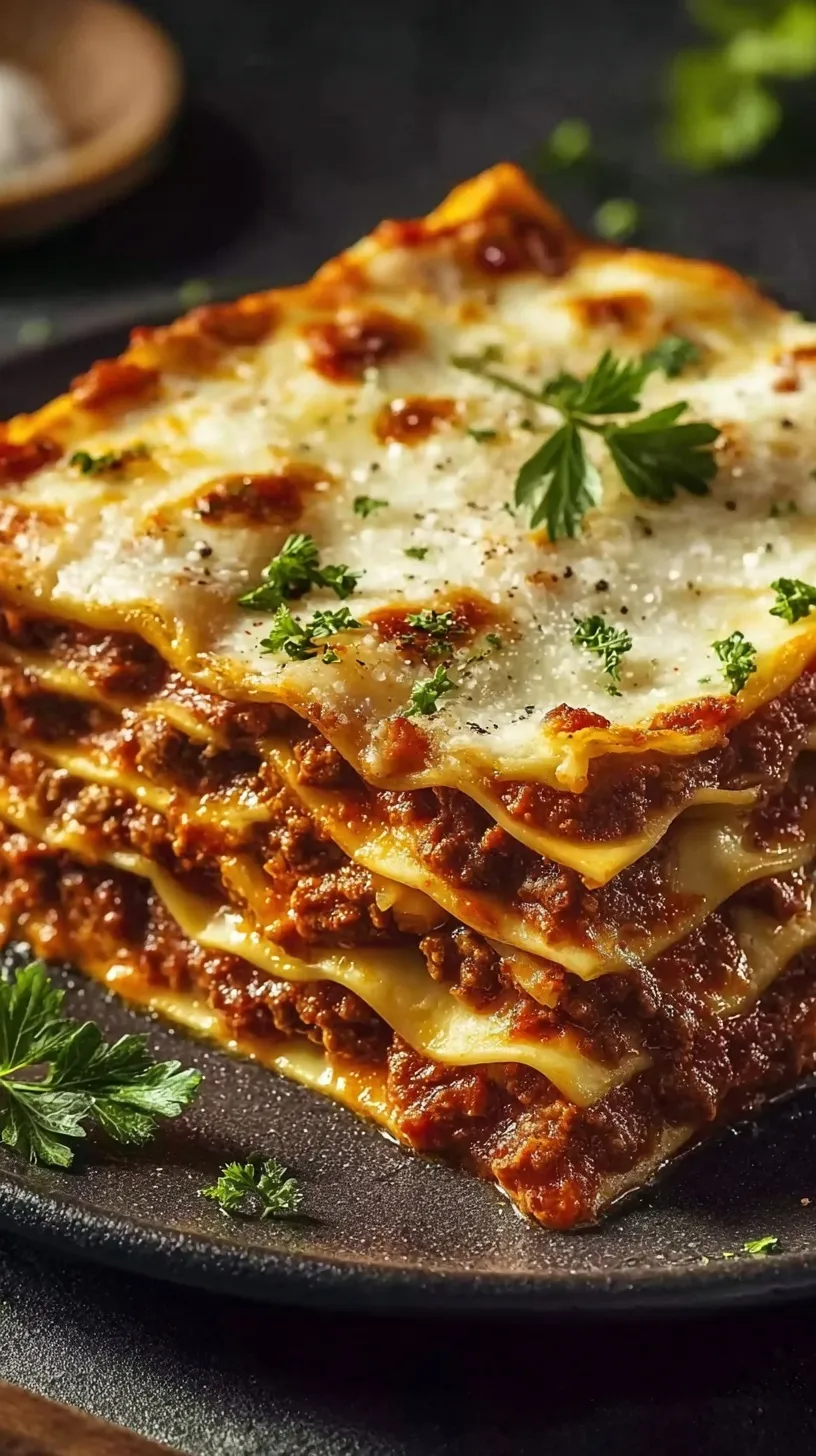 A slice of High Protein Lasagna with melted mozzarella and fresh spinach layers