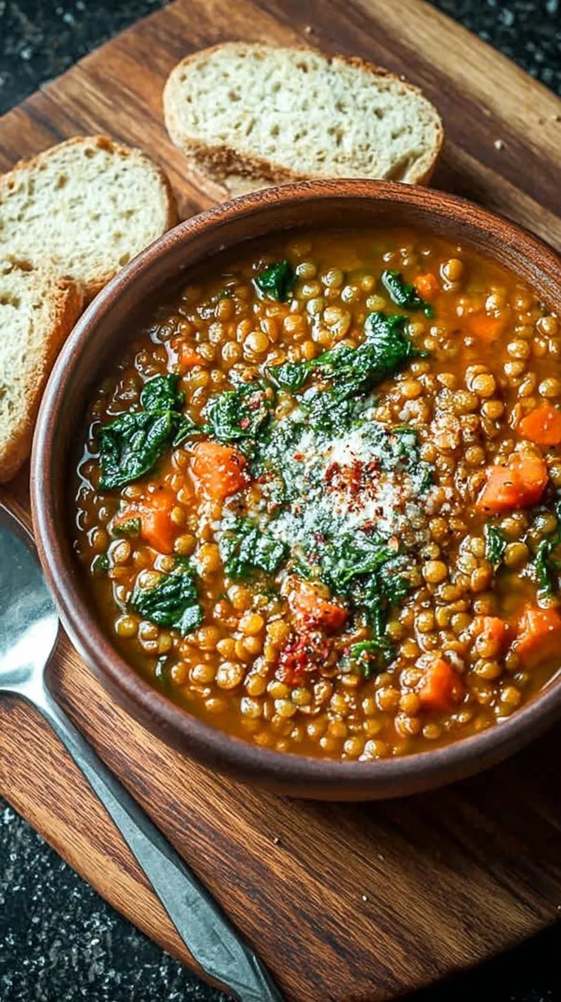 A steaming bowl of High Protein Lentil Soup with chicken and spinach
