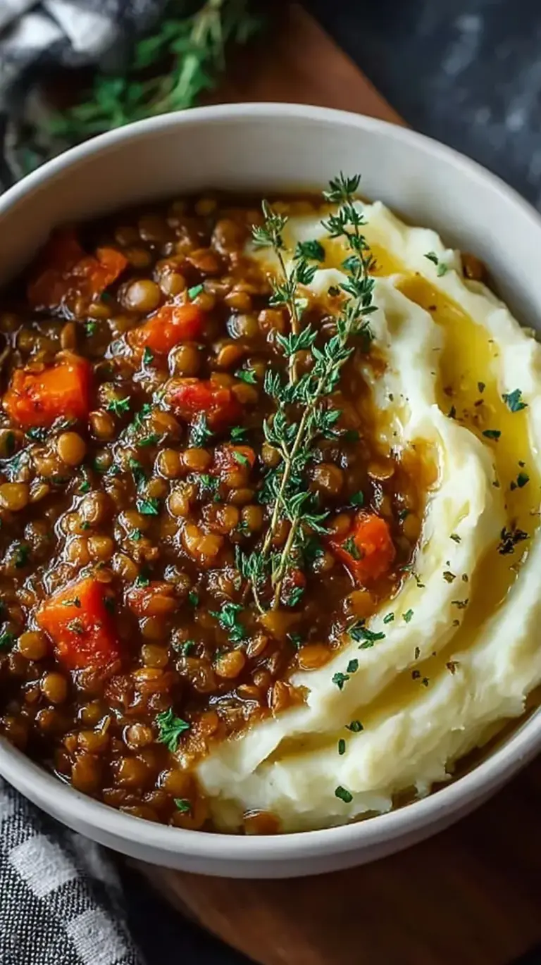 A bowl of thick brown lentil stew served over creamy white mashed potatoes garnished with herbs.