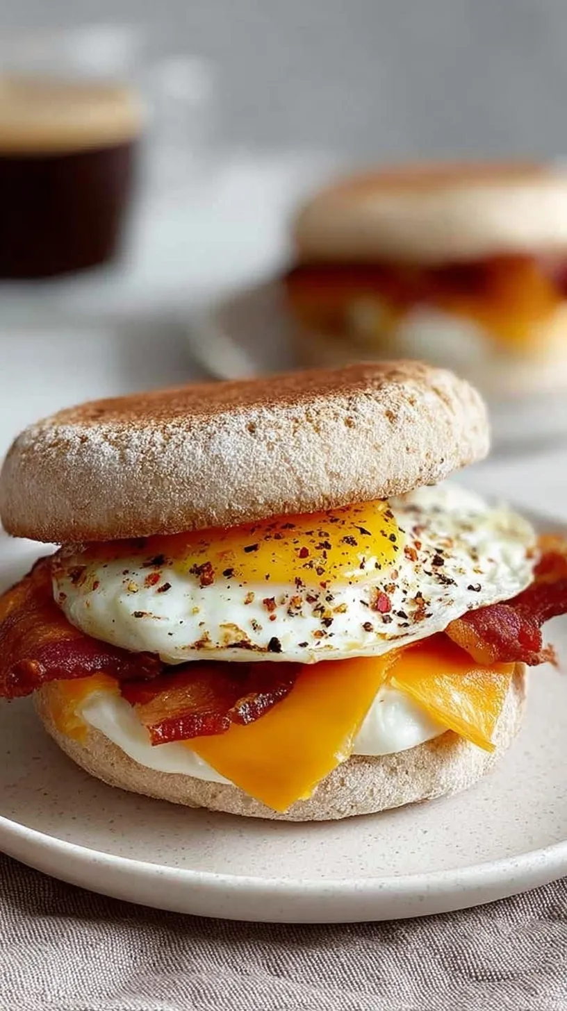 A stacked high-protein breakfast sandwich with egg whites, spinach, and Canadian bacon on a toasted whole grain muffin.