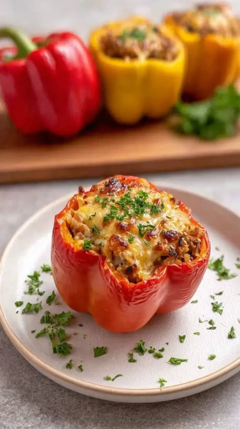 High protein stuffed bell peppers with melted cheese and ground turkey filling in a baking dish.