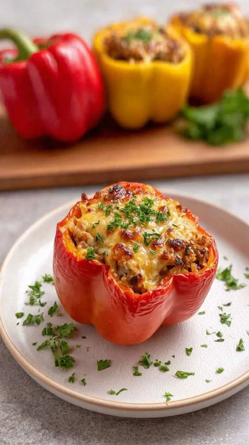 High protein stuffed bell peppers with melted cheese and ground turkey filling in a baking dish.