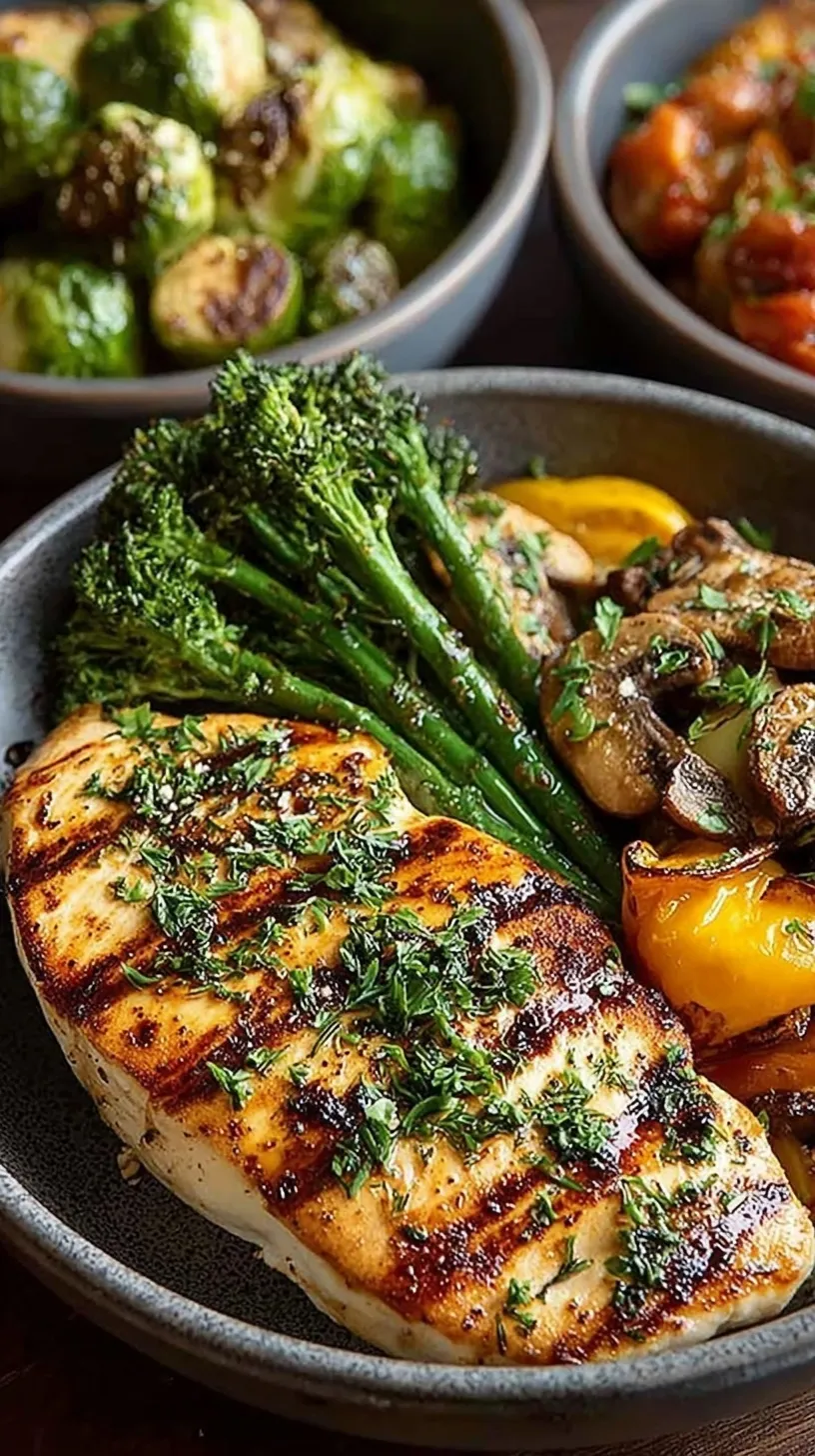 Pan-seared chicken breast strips with sautéed broccoli, red bell peppers, and zucchini in a skillet.