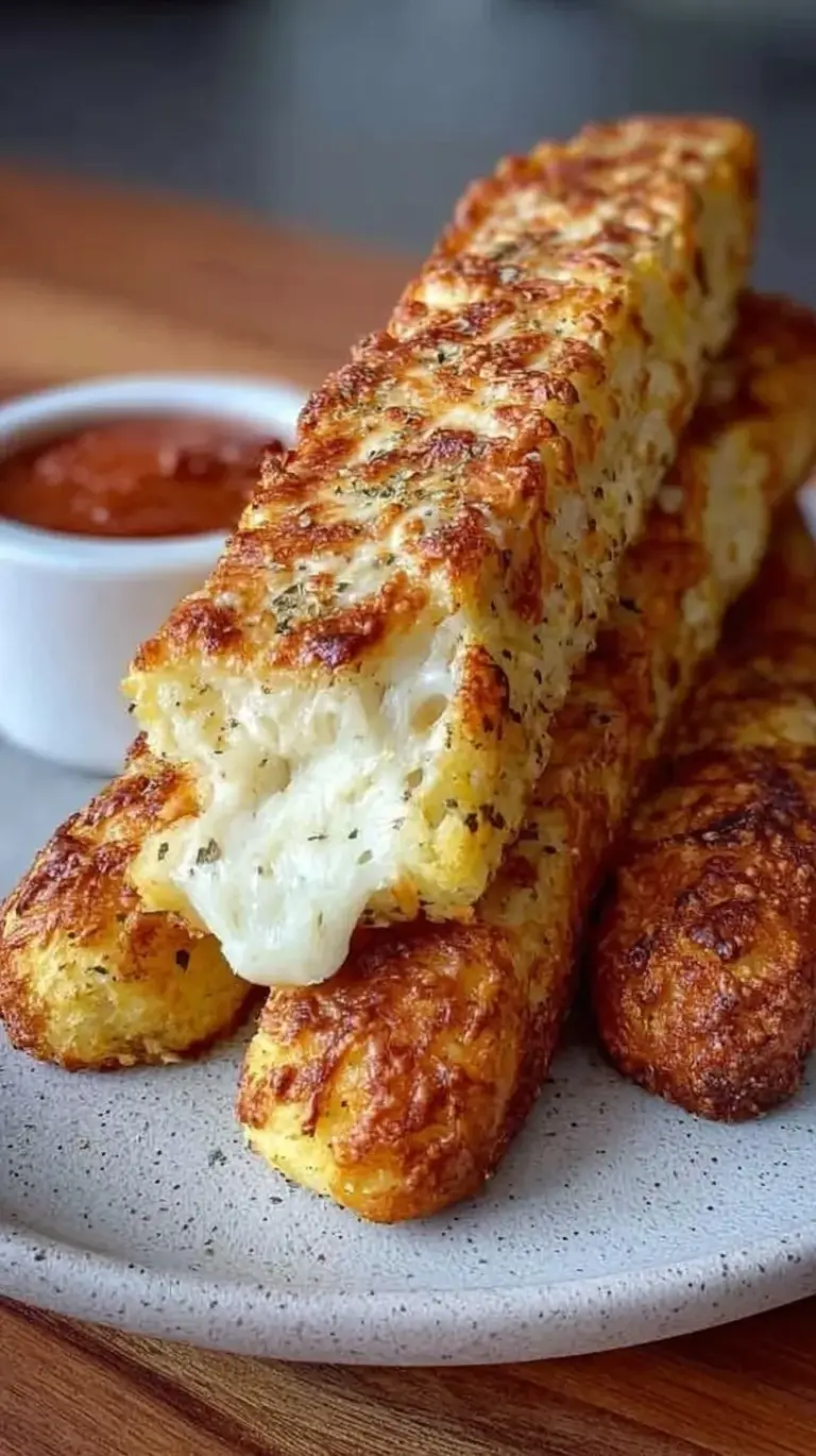 Golden brown cottage cheese breadsticks sliced into strips on parchment paper