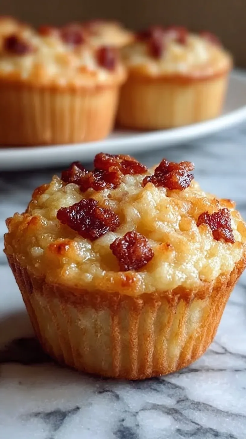Golden brown pancake muffins topped with crispy bacon crumbles in a muffin tin