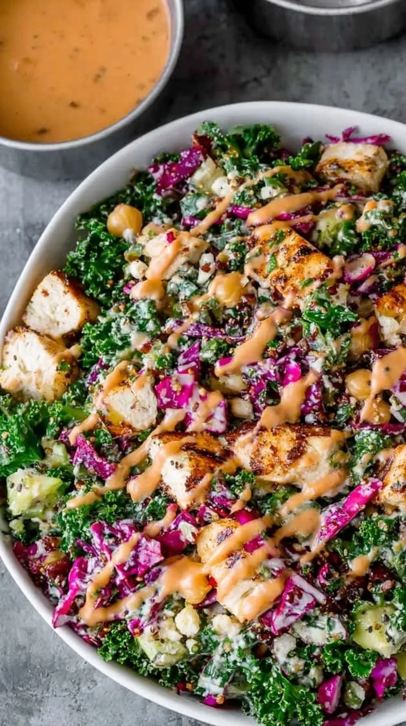 A colorful Mediterranean meal prep salad with grilled chicken, chickpeas, and feta in glass containers