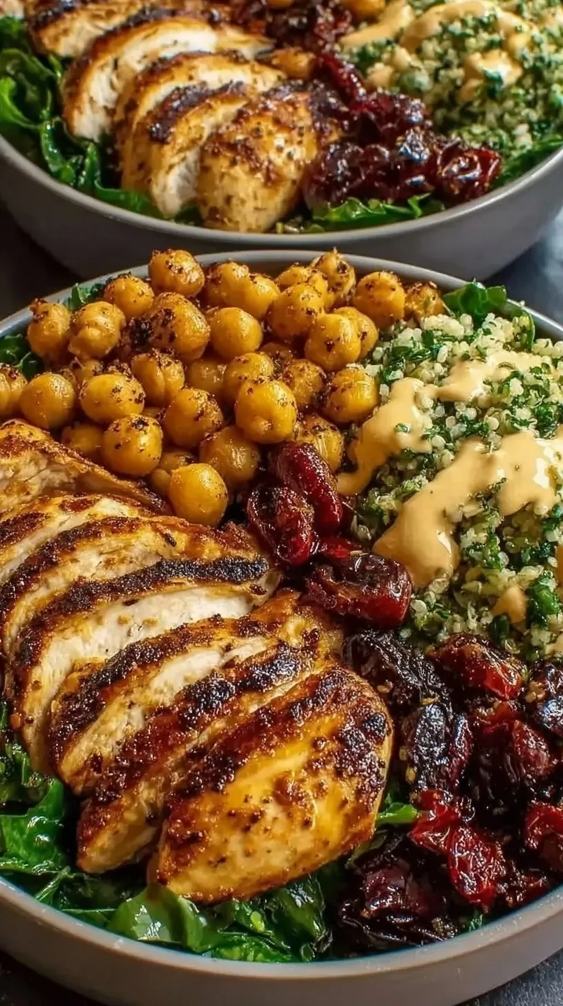Colorful High Protein Mediterranean Chicken Bowls with quinoa, grilled chicken, fresh cucumber, tomatoes, and creamy tzatziki.
