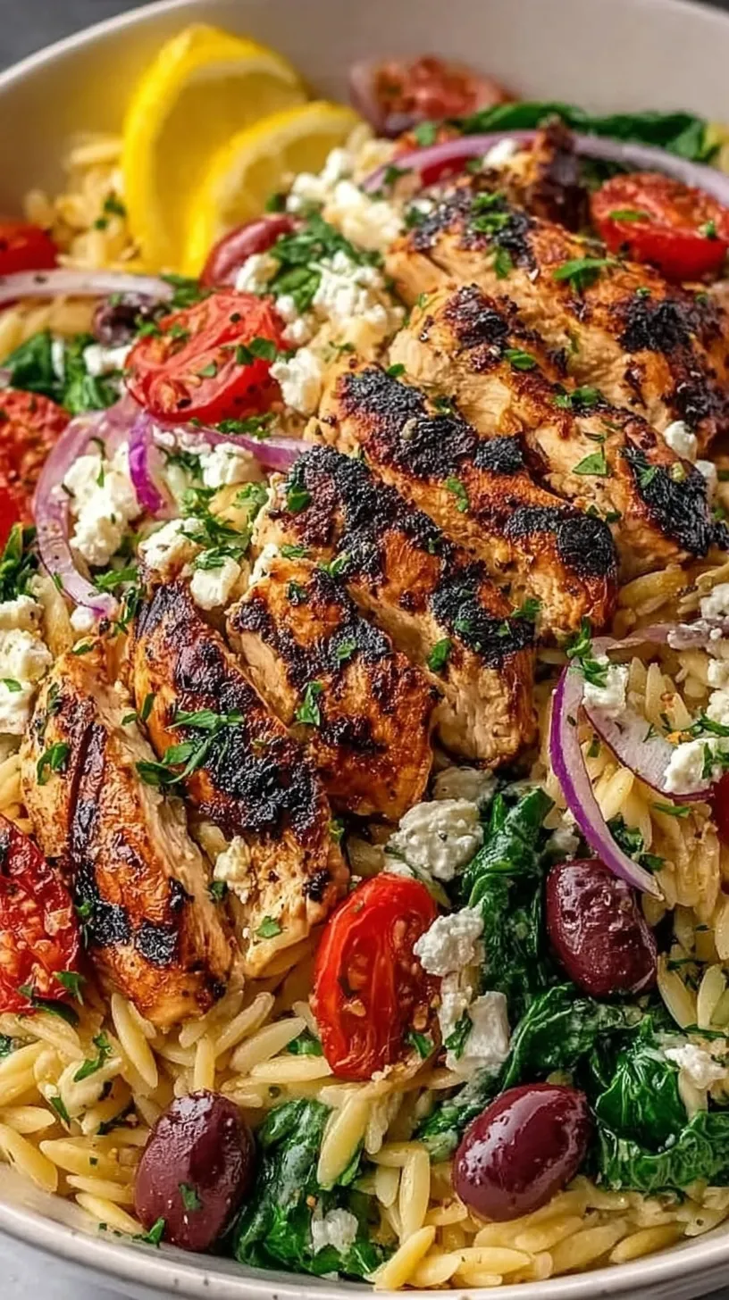A skillet of Mediterranean chicken orzo with spinach, tomatoes, and feta
