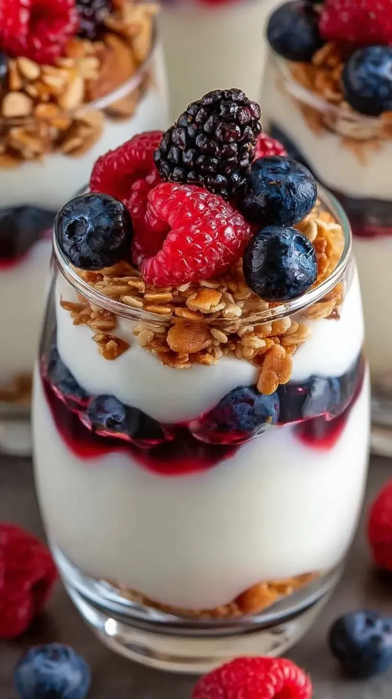 Layered high protein yogurt parfait with fresh strawberries, blueberries, and granola in a glass jar