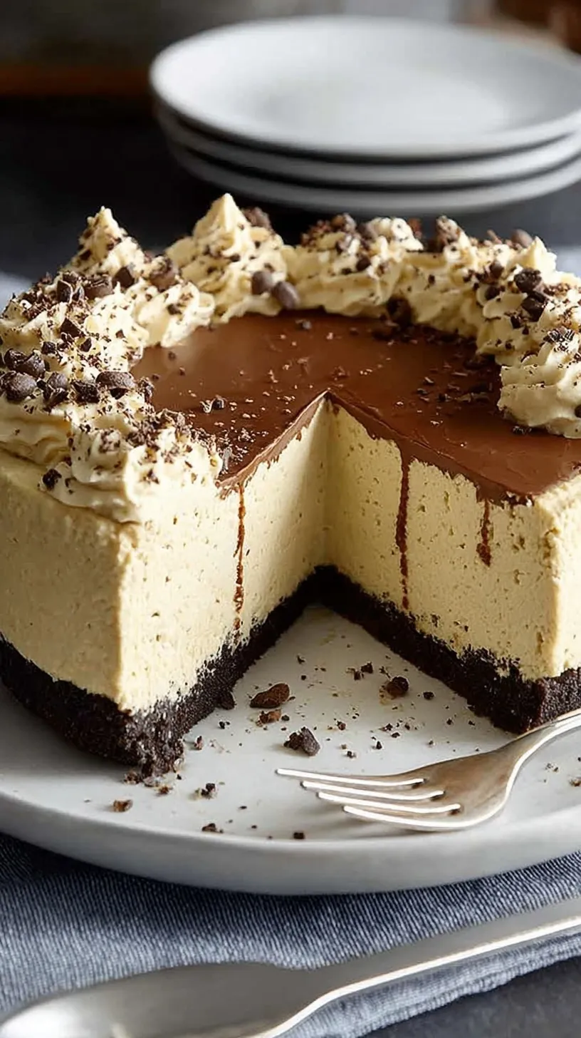 A slice of creamy coffee-flavored cheesecake with a graham cracker crust on a white plate.