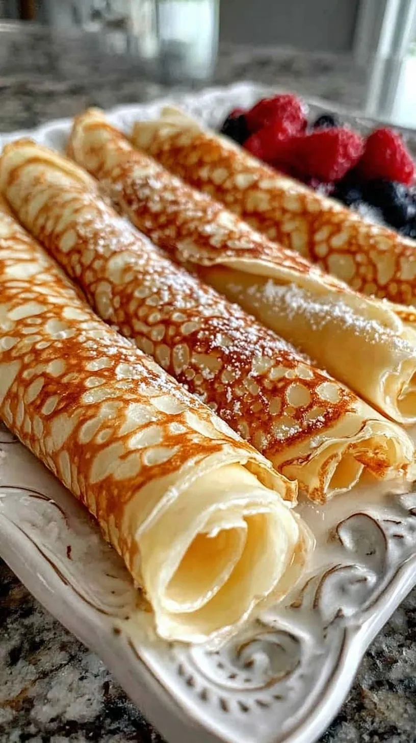 A stack of thin High Protein Oatmeal Crepes topped with fresh berries and a drizzle of honey.