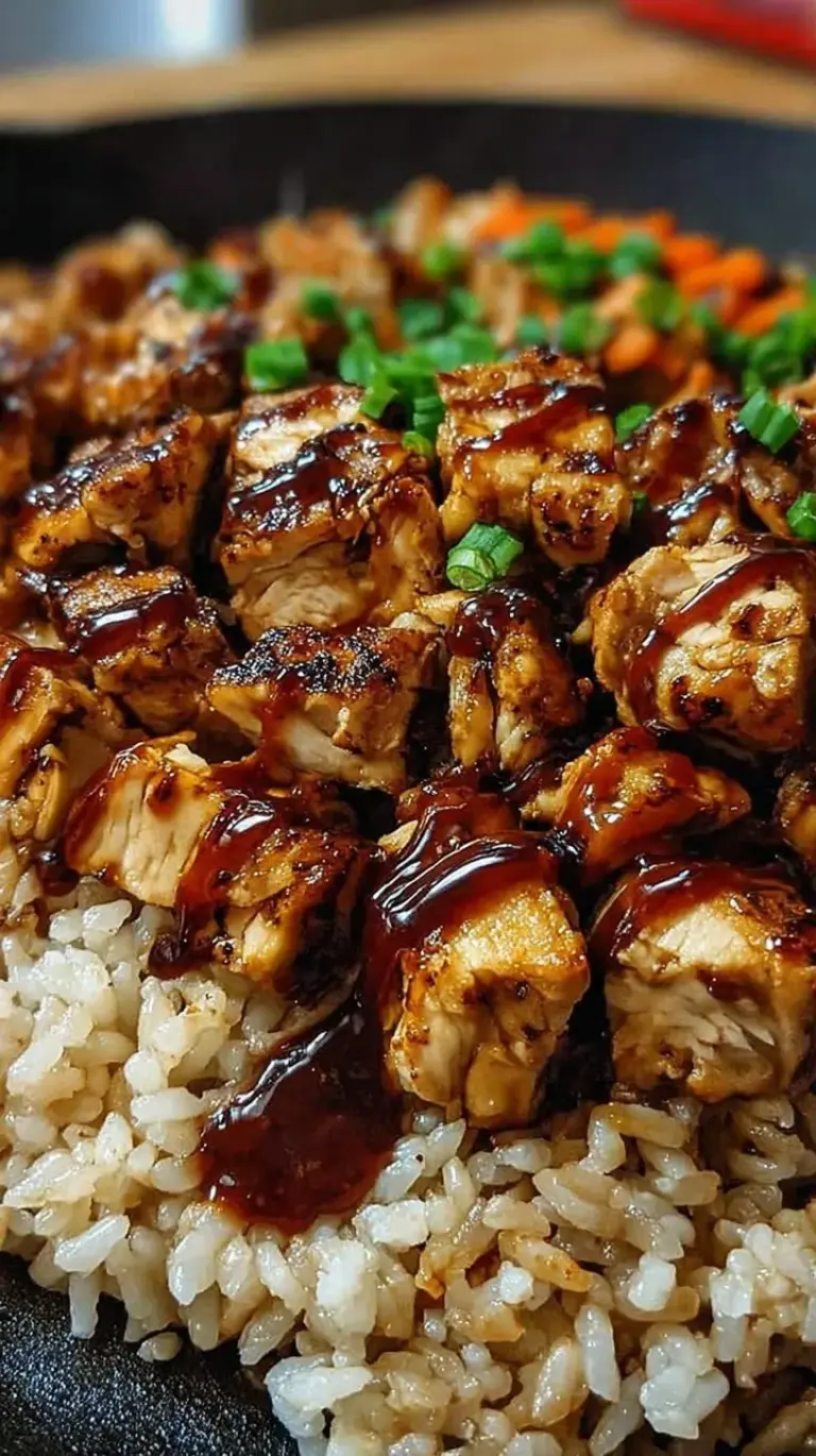 A large non-stick skillet filled with One Pan Honey BBQ Chicken Rice garnished with fresh green onions.