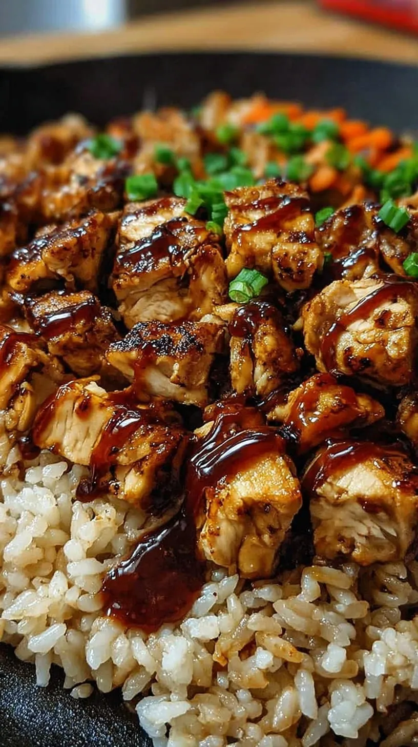 A large non-stick skillet filled with One Pan Honey BBQ Chicken Rice garnished with fresh green onions.