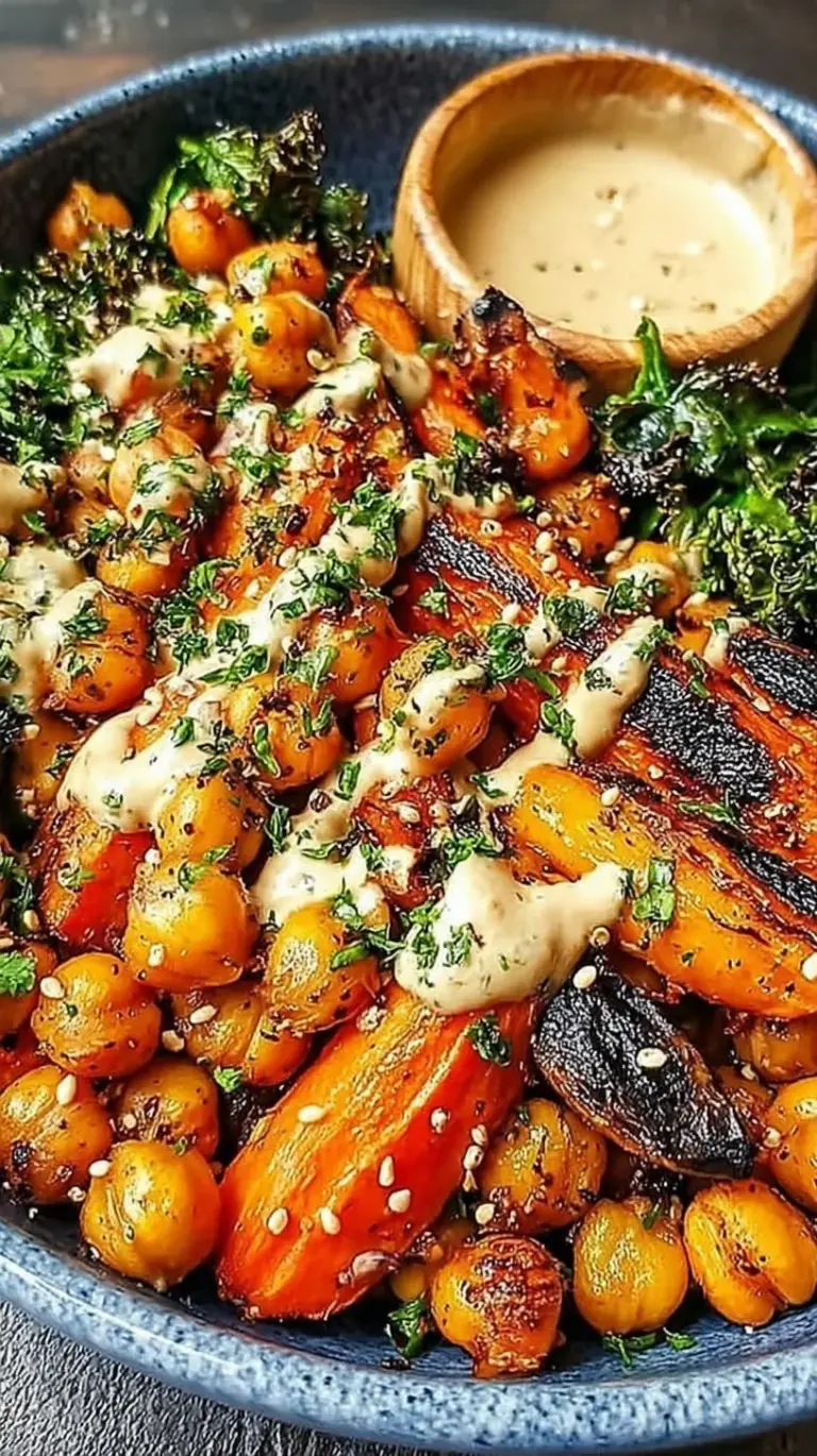 A vibrant bowl filled with roasted carrots, crispy chickpeas, and a creamy white tahini dressing topped with fresh green parsley and hemp seeds.