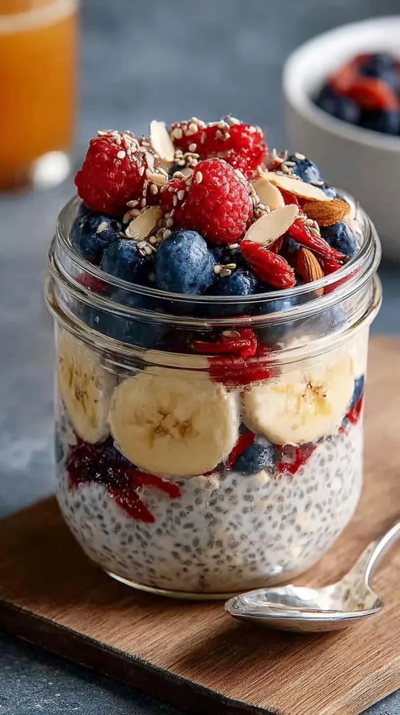 A glass mason jar filled with creamy overnight oats topped with fresh blueberries