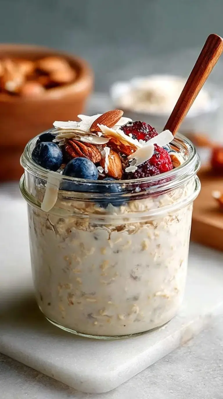 A glass mason jar filled with creamy vanilla overnight oats topped with fresh berries and chia seeds.