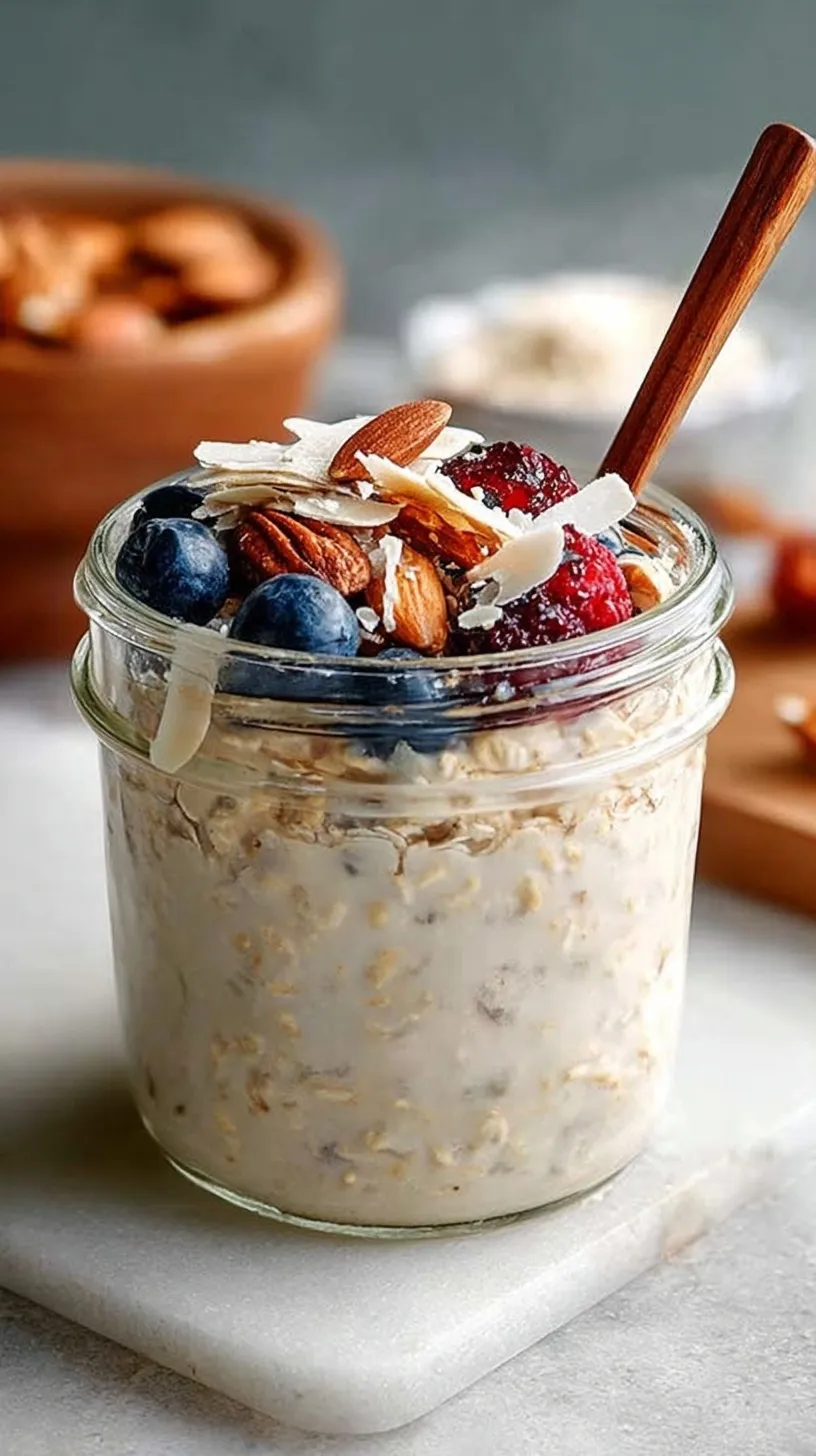 A glass mason jar filled with creamy vanilla overnight oats topped with fresh berries and chia seeds.