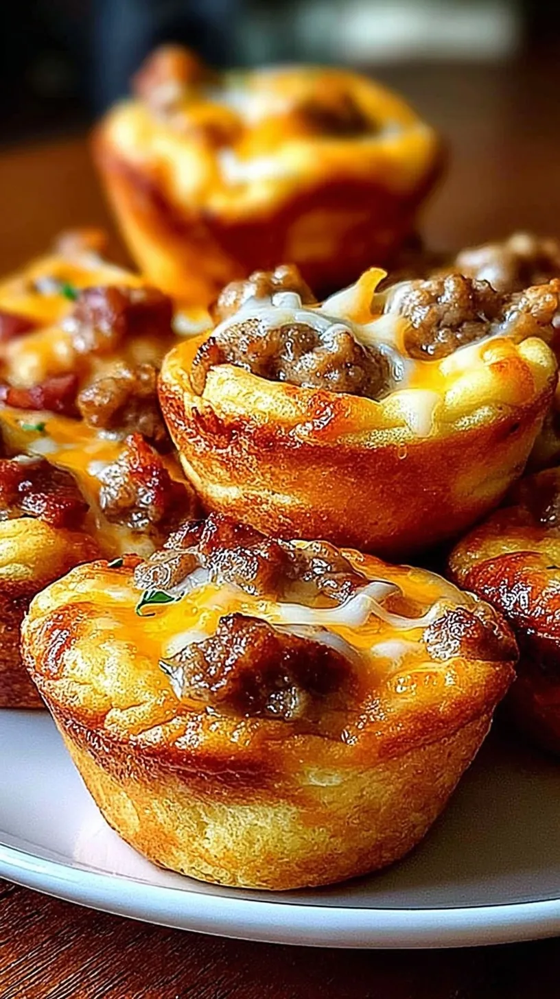 Golden brown mini pancake muffins with savory sausage centers on a wire rack.