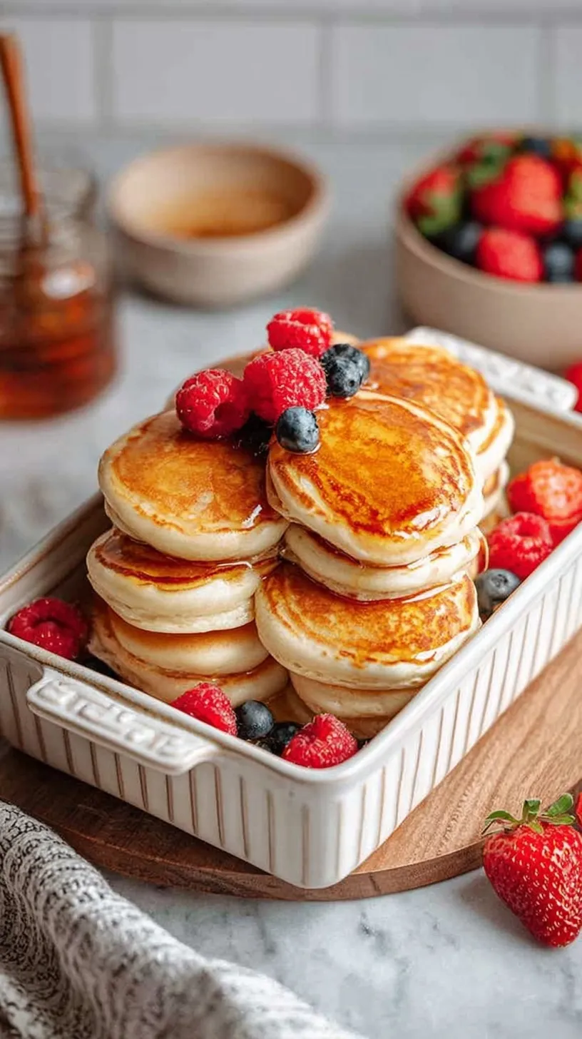 Stack of fluffy high protein pancakes topped with fresh berries and syrup