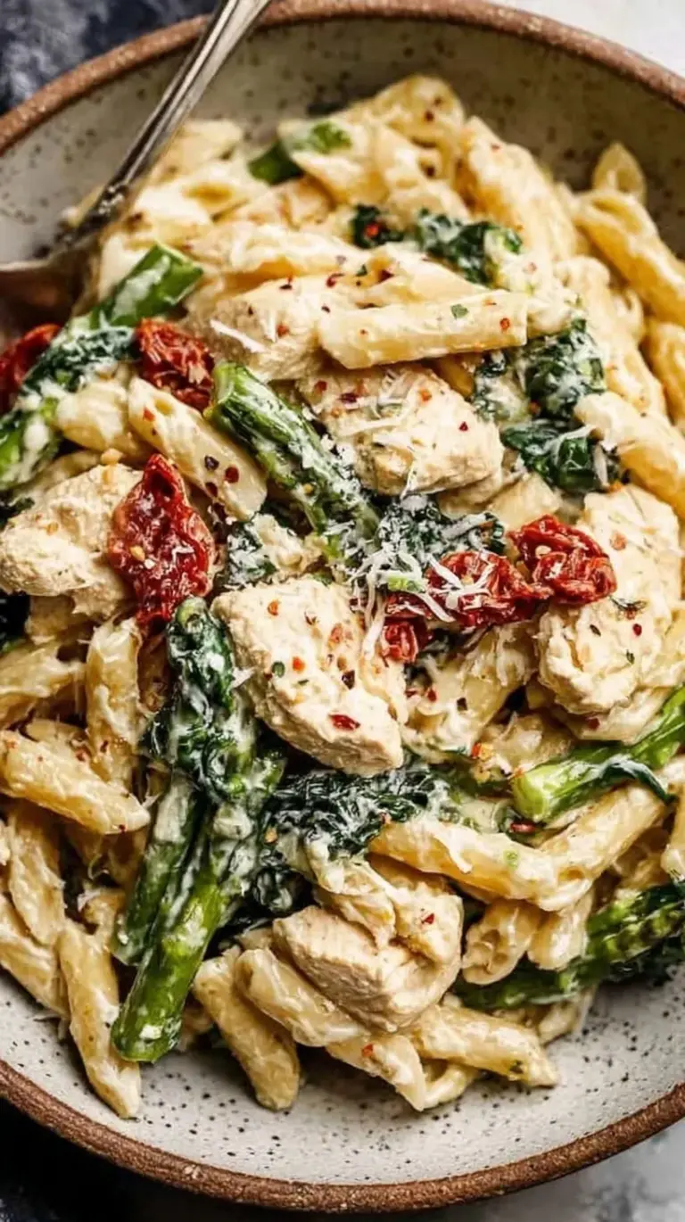 A bowl of creamy high protein pasta with chicken and spinach