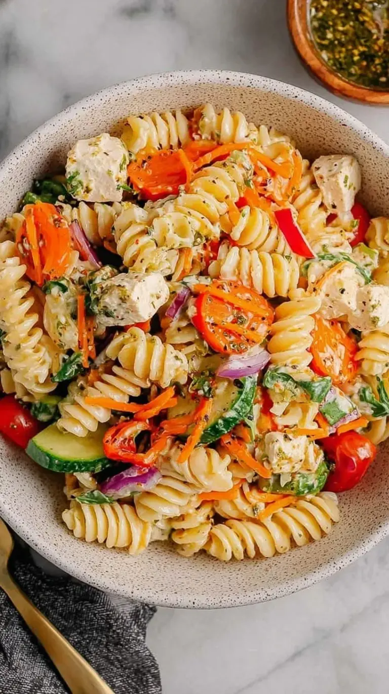 A vibrant High Protein Pasta Salad in a large bowl with cherry tomatoes, edamame, and creamy dressing