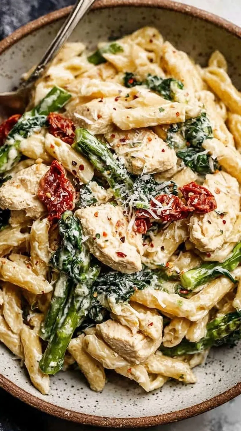 A bowl of creamy high protein pasta with chicken and spinach