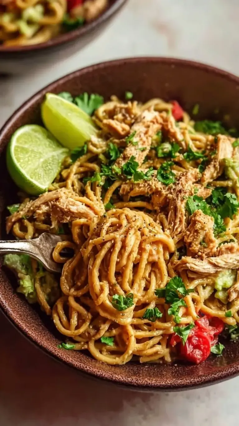 A bowl of creamy peanut butter noodles with chicken and broccoli