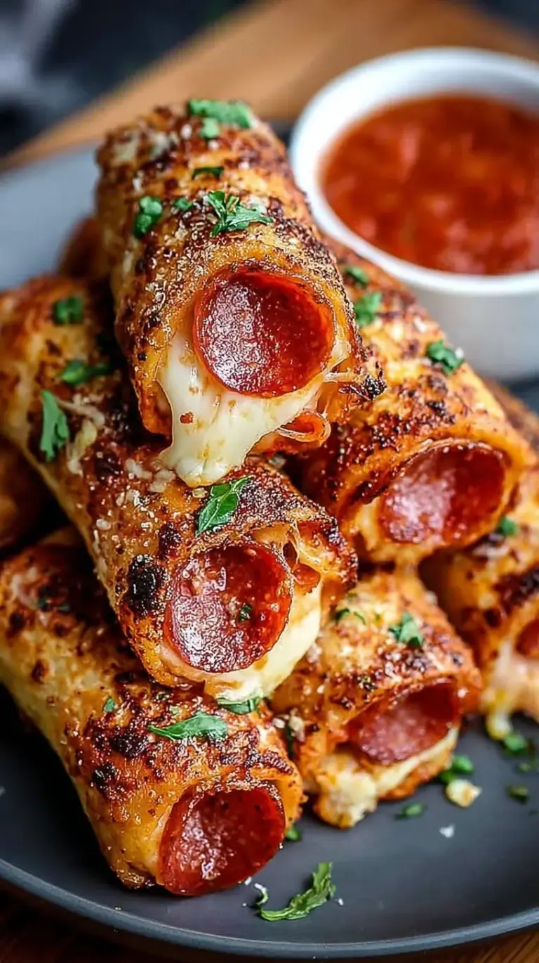 Golden brown high protein pizza rolls with melted cheese and turkey pepperoni on a baking sheet