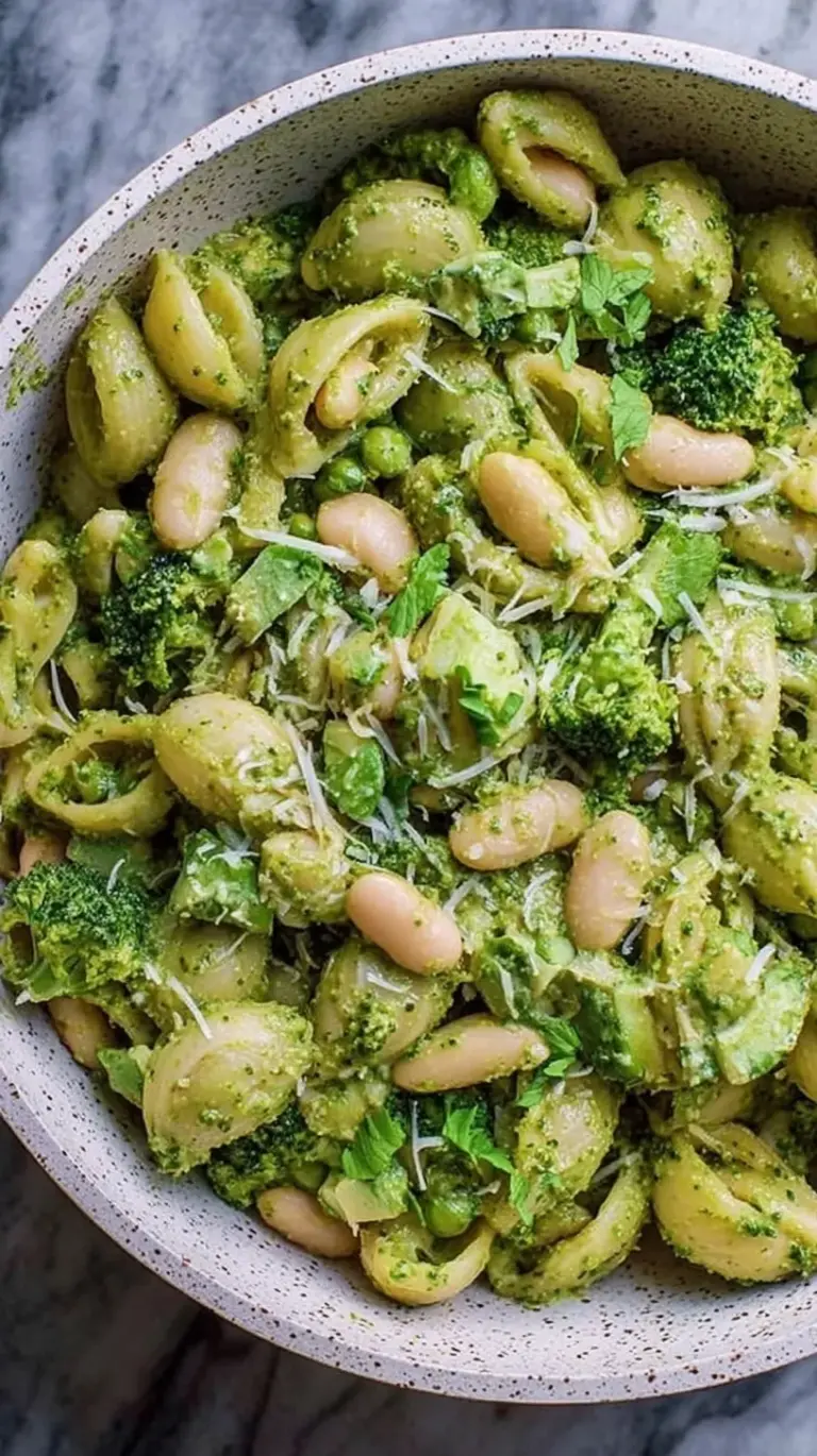 A vibrant bowl of High Protein Pesto Pasta with broccoli florets and white beans in a creamy basil sauce